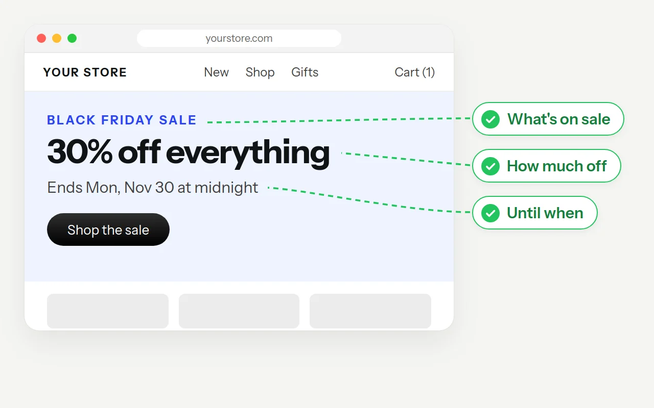 BFCM fix: a home page hero reading "Black Friday sale, 30% off everything, ends Mon, Nov 30 at midnight"