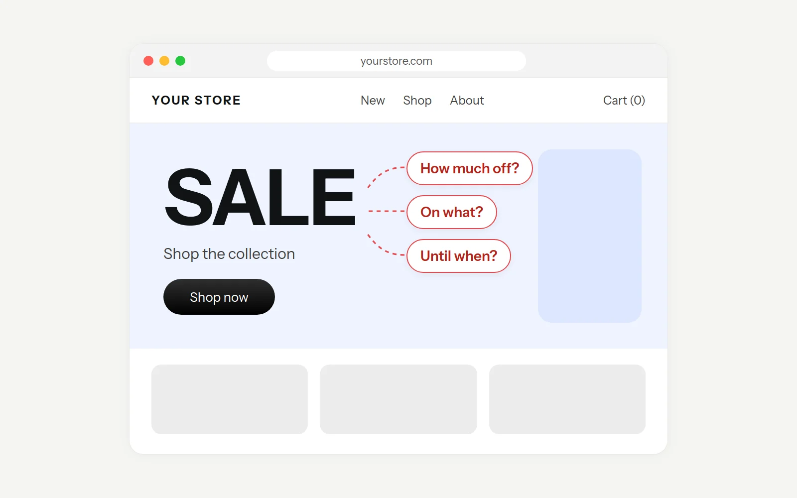 BFCM website audit: a store home page hero that only says SALE, with notes asking how much off, on what, and until when